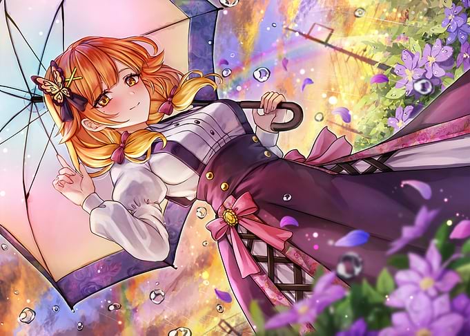 Anime Girl with Umbrella in Floral Setting