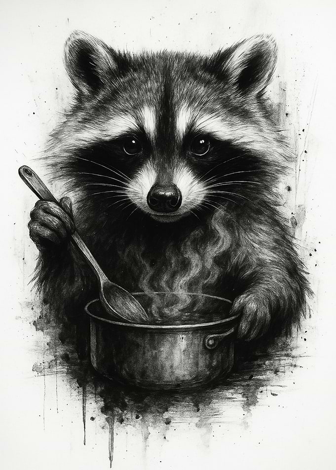 Raccoon Chef Stirring Pot - Monochrome Art