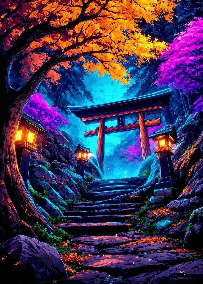 Japanese Torii Gate in Autumn Landscape