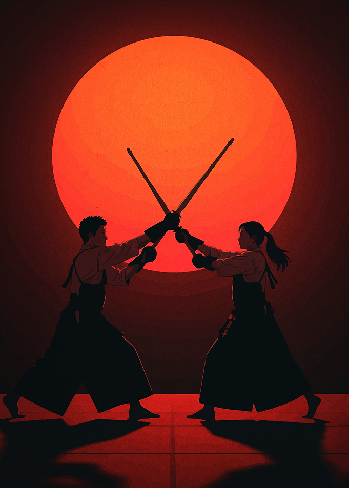 Kendo Duel Silhouette Against Red Sun