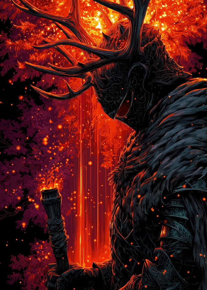 Dark Knight with Antlers in Fiery Forest