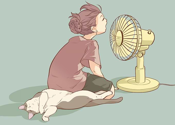 Girl, Cat, and Fan on Hot Day