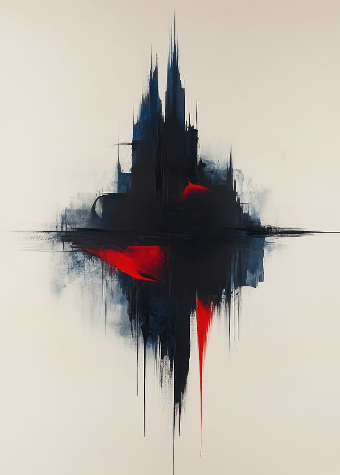 Abstract Cityscape Painting with Red Accents