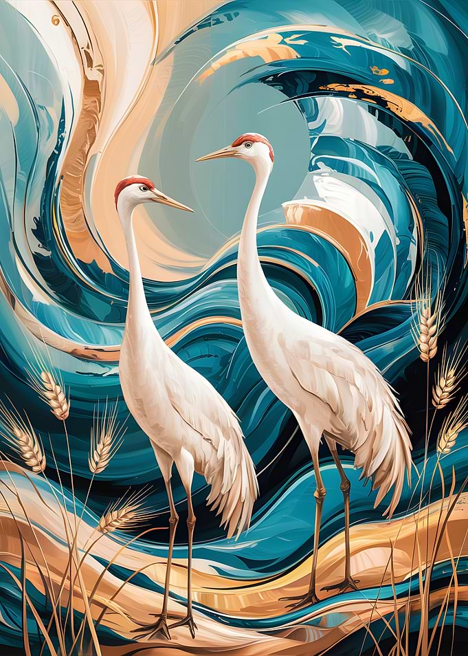 Elegant Cranes in Abstract Landscape