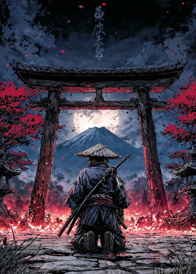 Samurai Kneeling Before Torii Gate