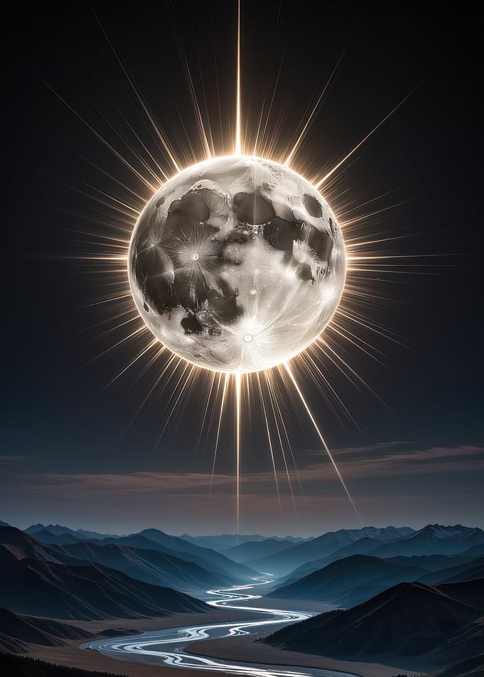Glowing Moon Over Mountain Landscape