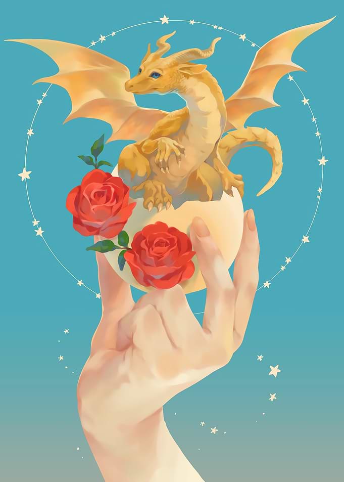 Golden Dragon Hatching from Egg with Roses