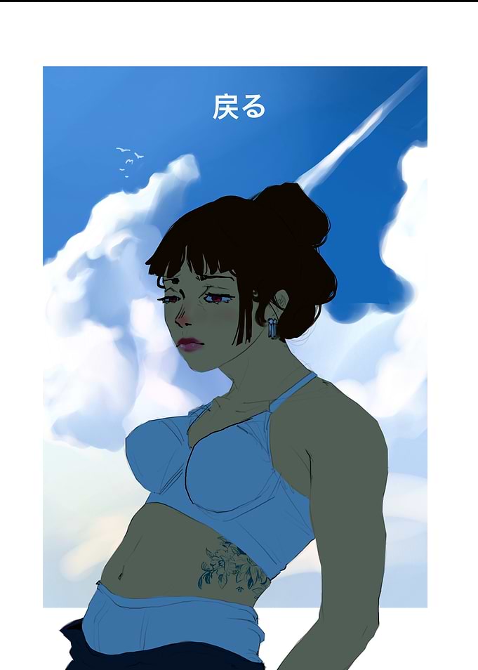 Pensive Woman with Sky Background