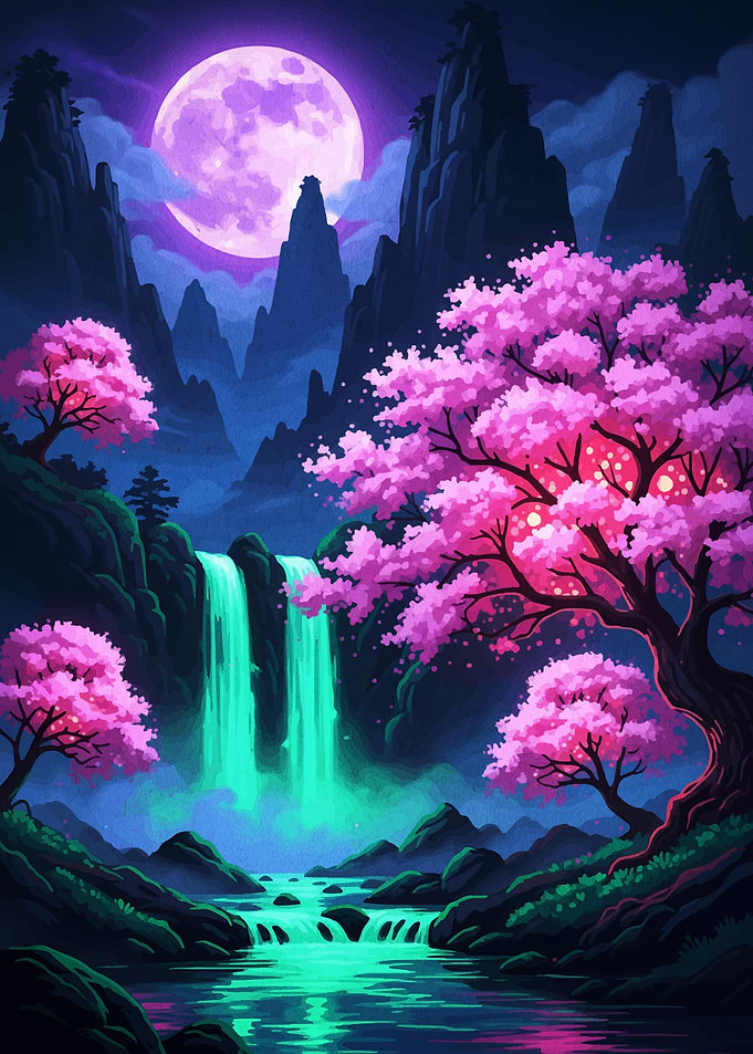 Fantasy Landscape with Waterfall and Cherry Blossoms