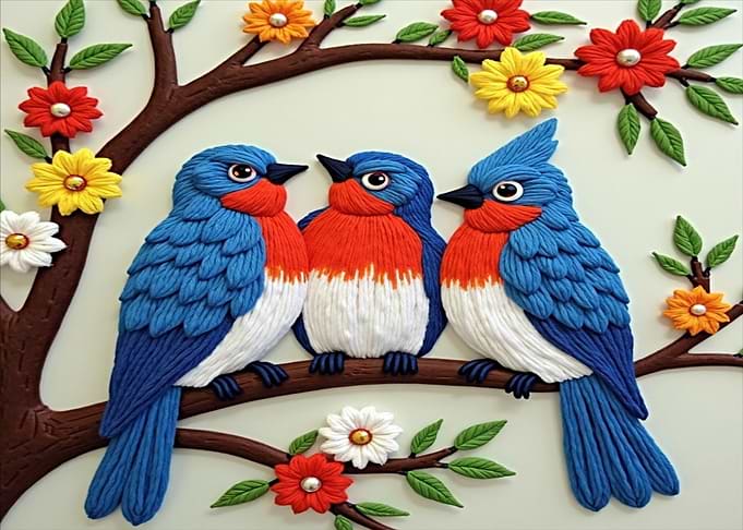 Three Birds on a Branch with Flowers
