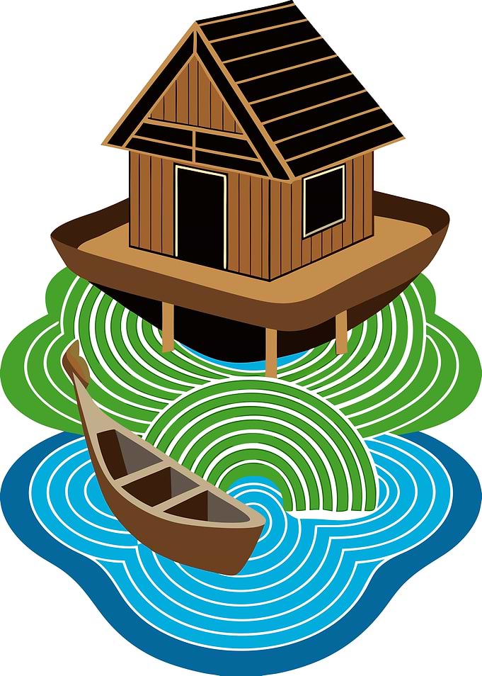 Traditional Wooden Stilt House on Water with Boat and Nature Graphics Vector Metal jWall Art