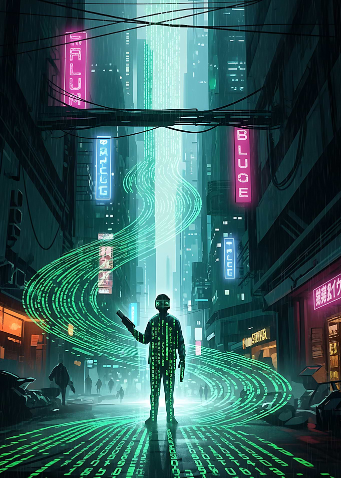 Cyberpunk Cityscape with Digital Figure