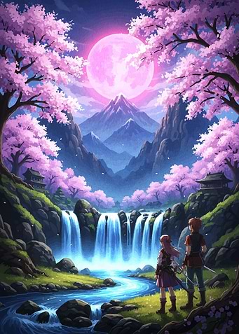 Anime Landscape with Waterfall and Cherry Blossoms