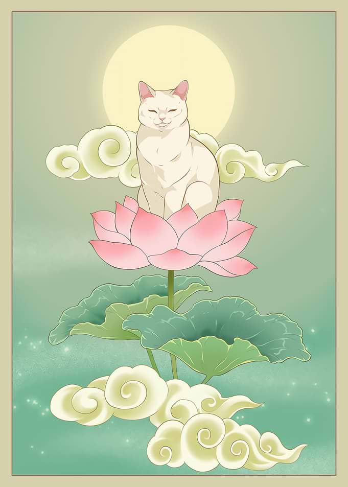 Cat on Lotus Flower with Clouds