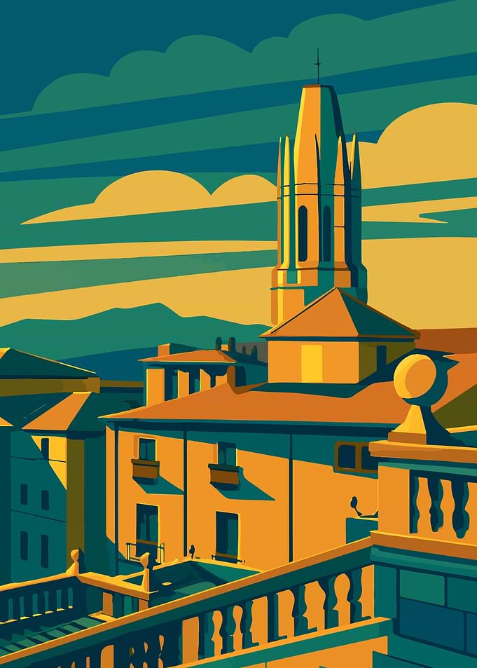 Spain - Girona Gothic Cathedral Print – Stylized Cityscape with Church Spire Travel-Inspired Wall Art