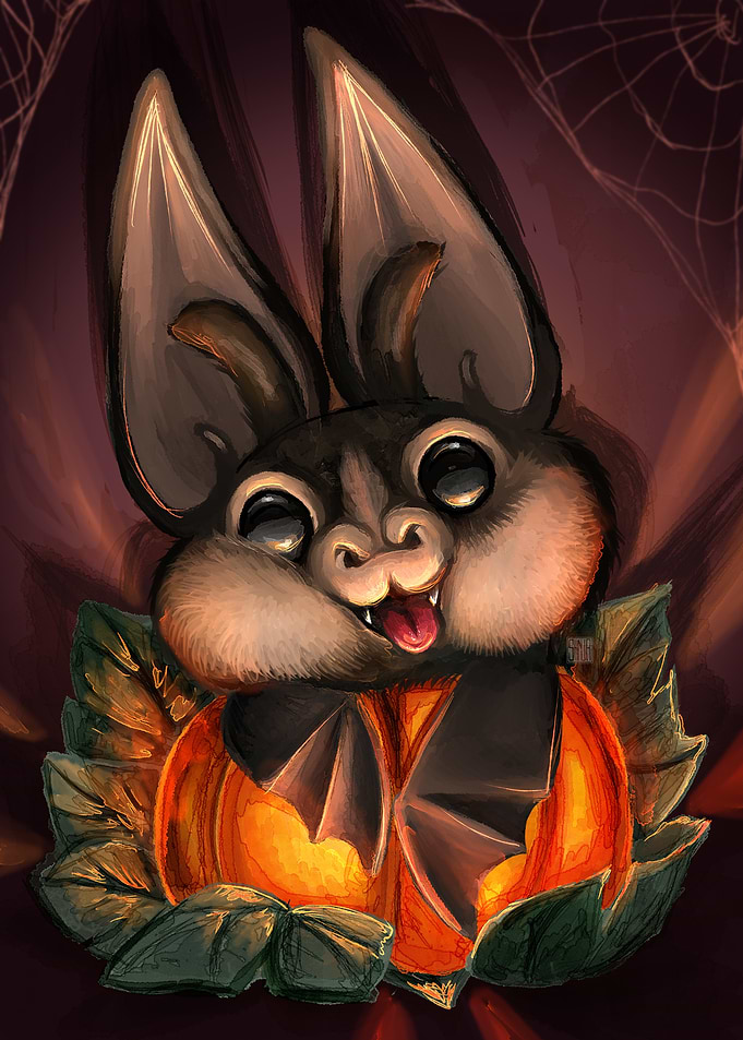 Cute Bat with Pumpkin Halloween Art