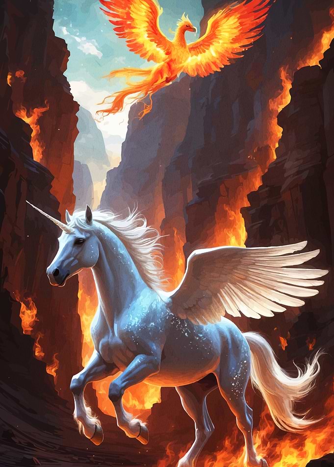 Unicorn Phoenix Fiery Landscape