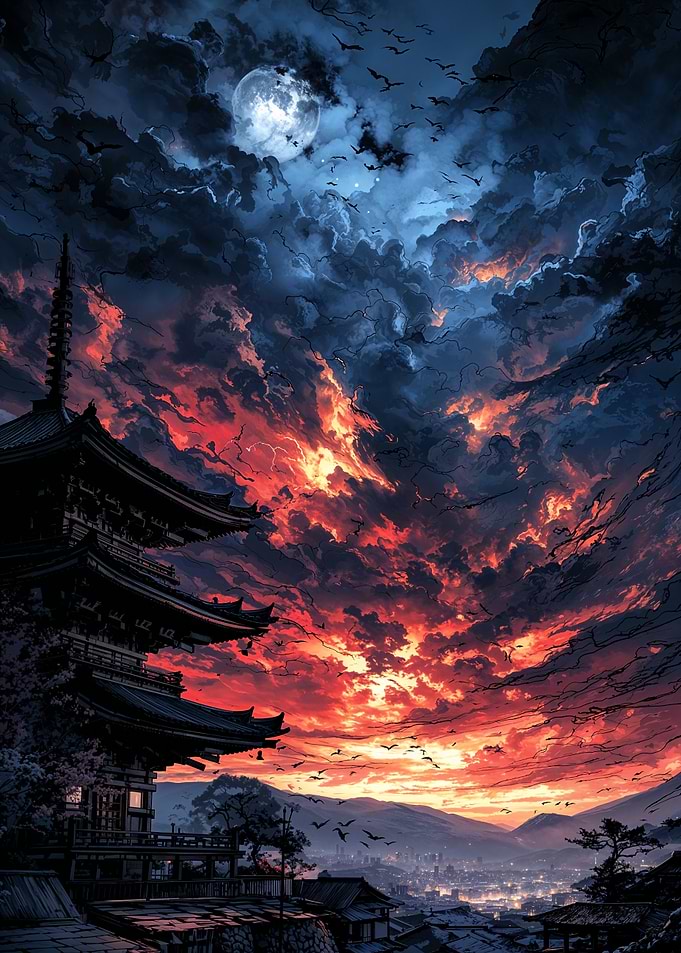 Japanese Temple Under Dramatic Sky