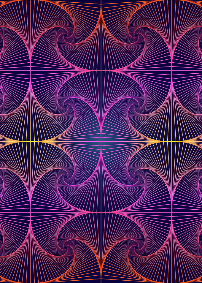 Vibrant geometric Zentangle pattern with hypnotic symmetry and gradient neon lines