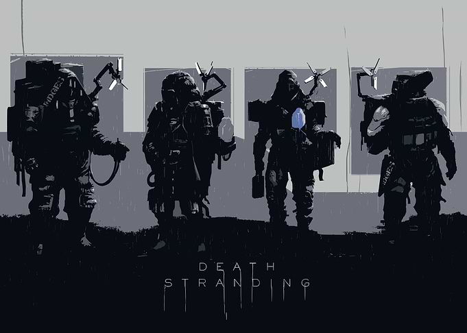 Death Stranding characters in monochrome art