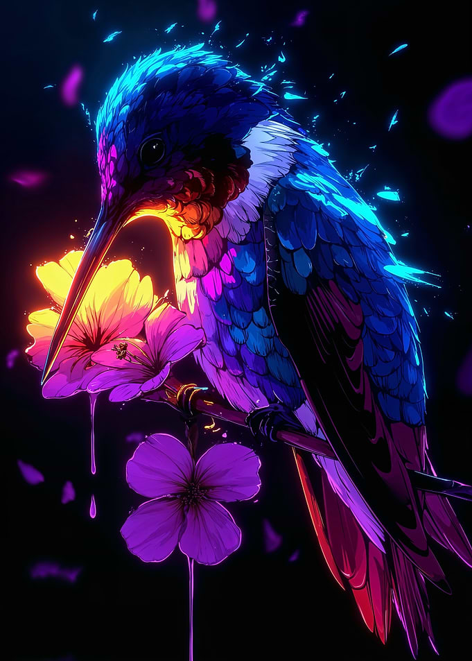 Neon Hummingbird with Flowers