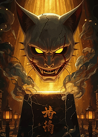 Japanese Demon Mask with Golden Light