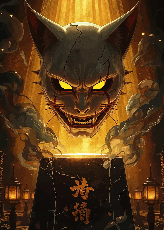 Japanese Demon Mask with Golden Light