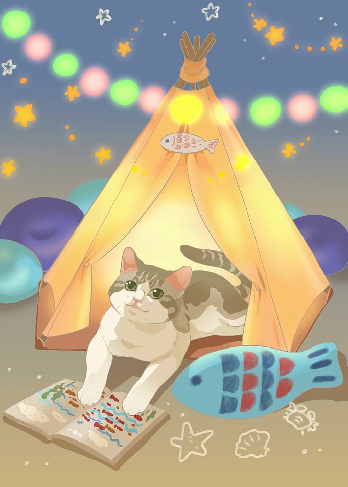 Cat Camping in Tent Illustration