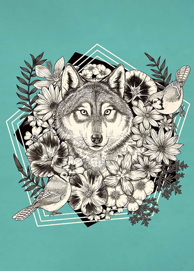 Wolf, Birds, and Floral Arrangement