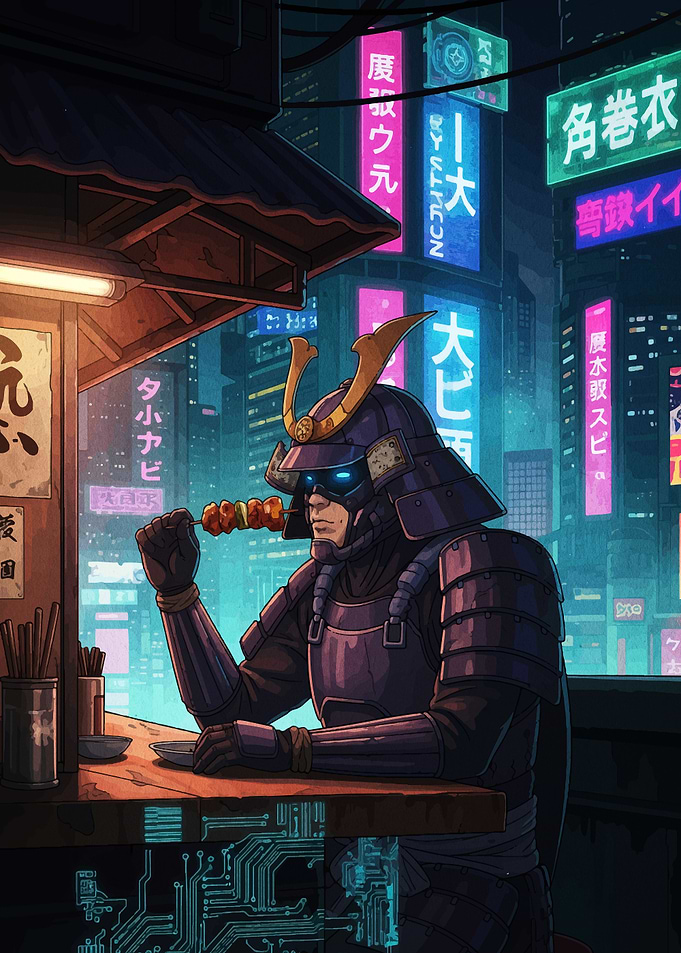 Cyberpunk Samurai Eating Skewers
