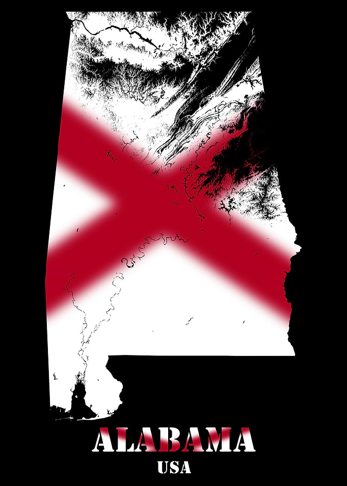 Alabama USA state Topographic Contour Relief Map blending terrain features into its emblematic colorful flag