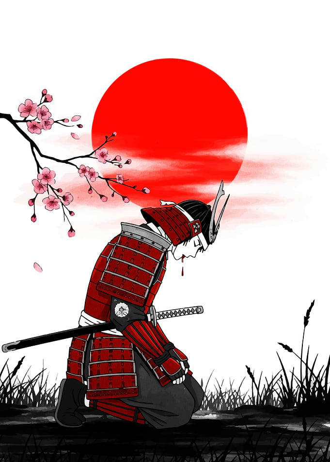 Samurai Kneeling Under Cherry Blossoms