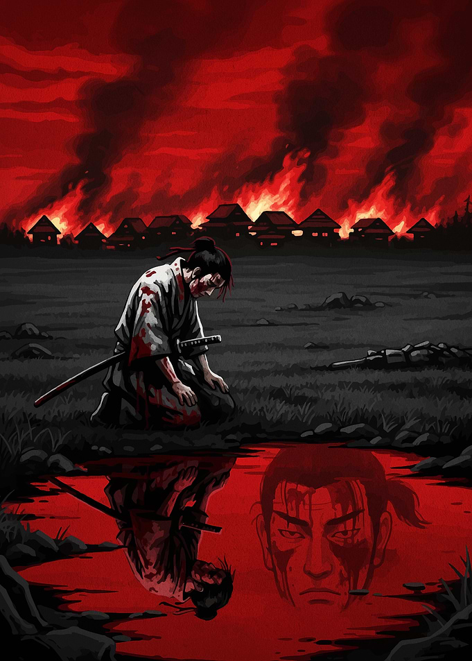 Samurai in Despair Amidst Burning Village