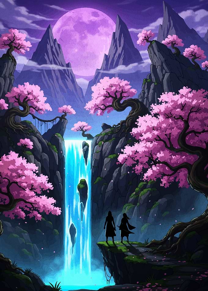 Fantasy Waterfall Landscape with Cherry Blossoms