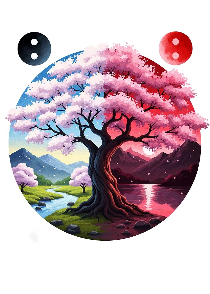 Cherry Blossom Tree Landscape Illustration