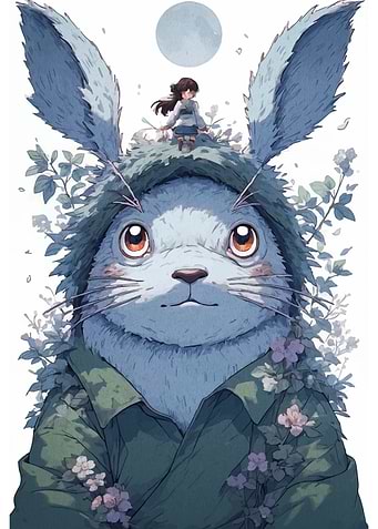 Whimsical Rabbit with Girl and Moon