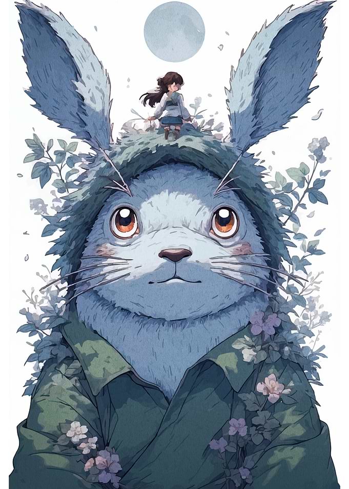 Whimsical Rabbit with Girl and Moon
