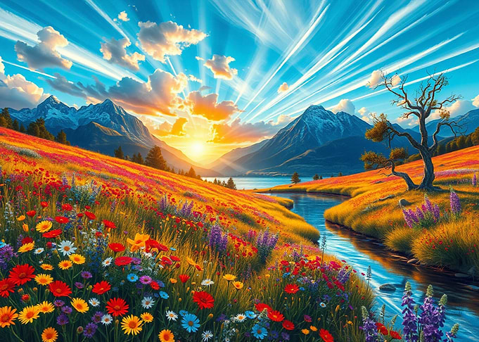 Vibrant Floral Meadow Landscape at Sunset