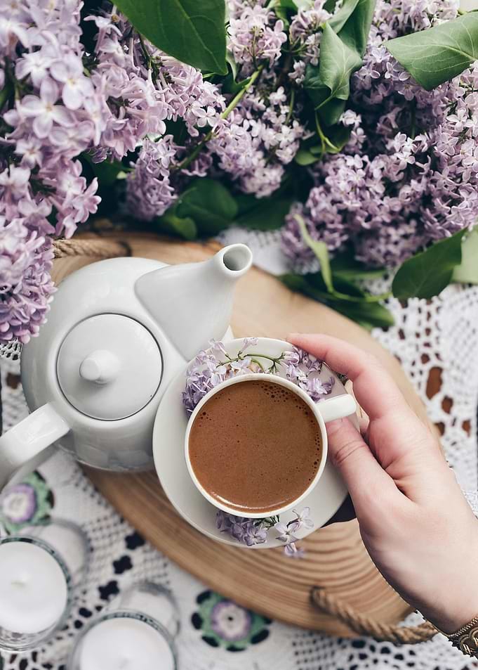 Coffee with Lilacs and Teapot Still Life