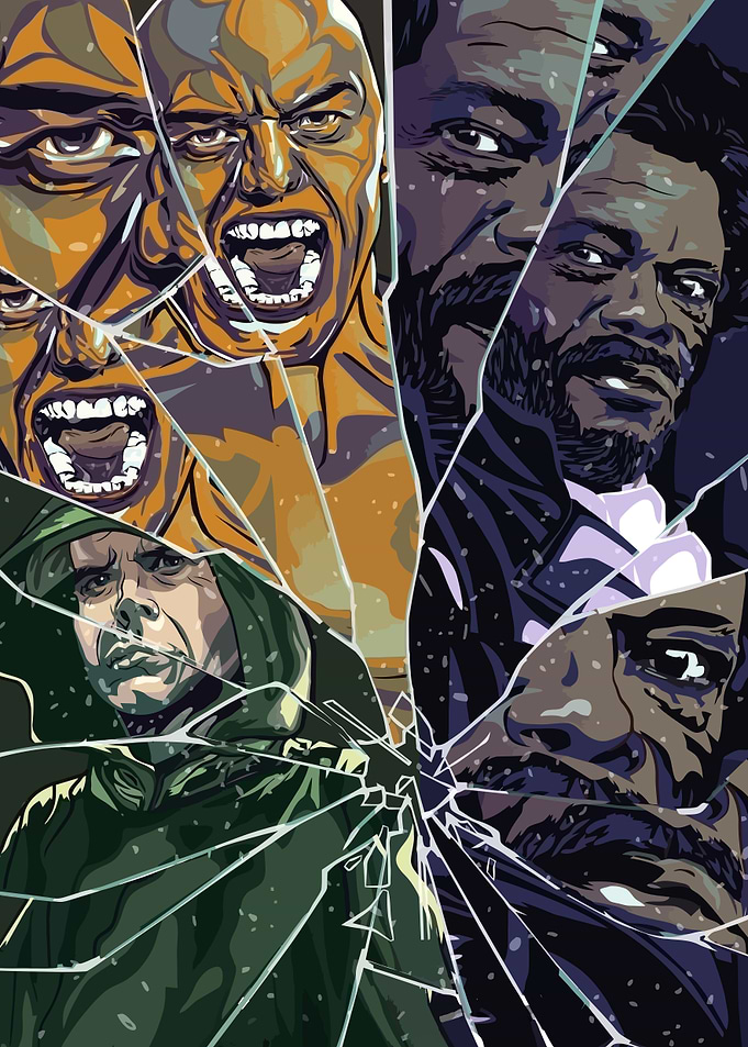 Movie characters through broken glass