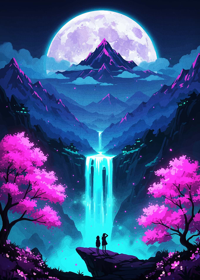 Fantasy Landscape with Waterfall and Moon