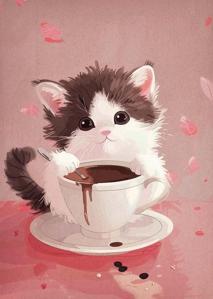 Cute Kitten in Coffee Cup Illustration