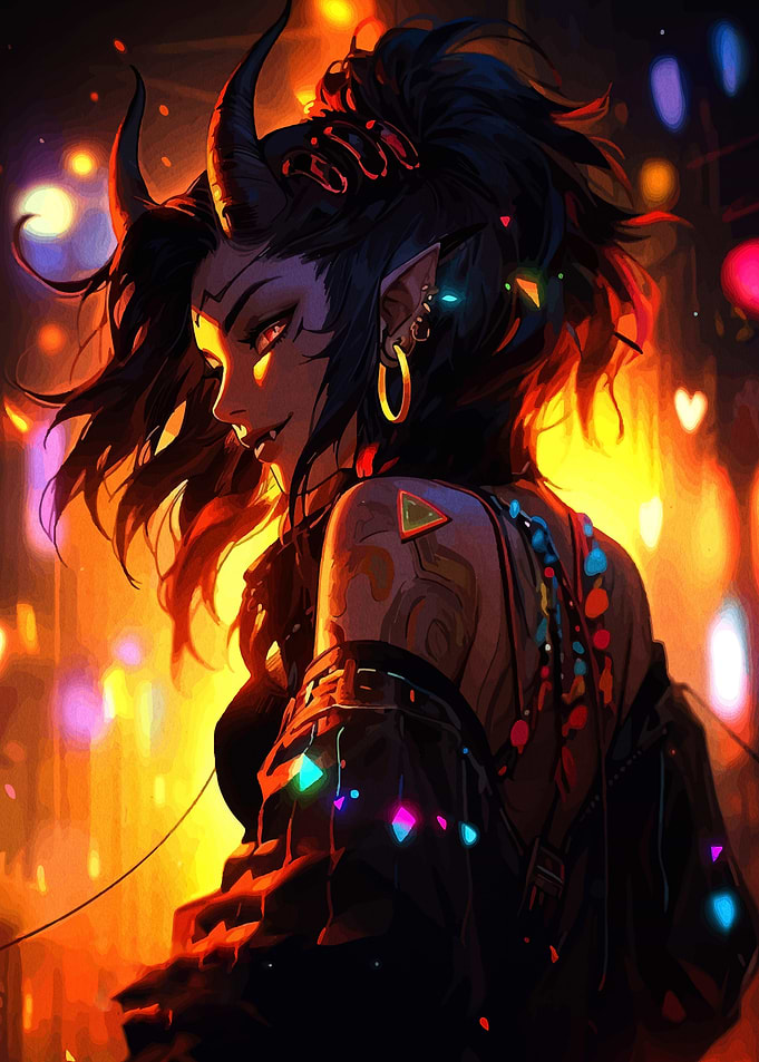 Demon Girl with Horns and Tattoos