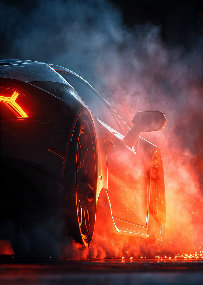 Sleek Car in Fiery Smoke