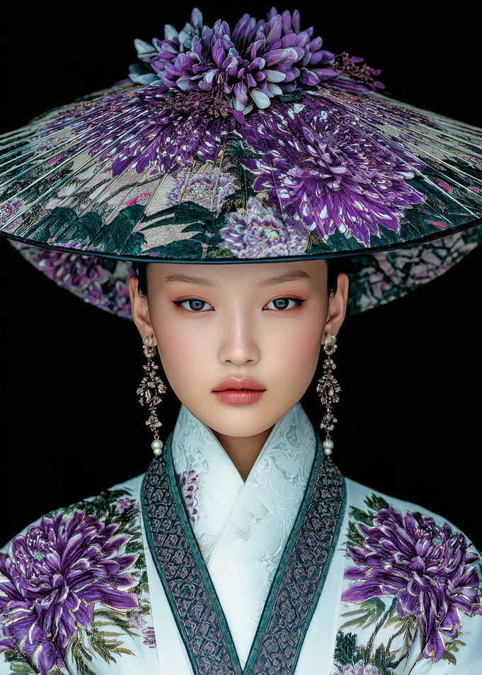 Asian woman with floral hat portrait