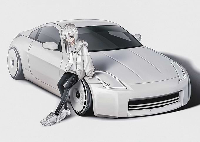 Anime Girl with White Sports Car