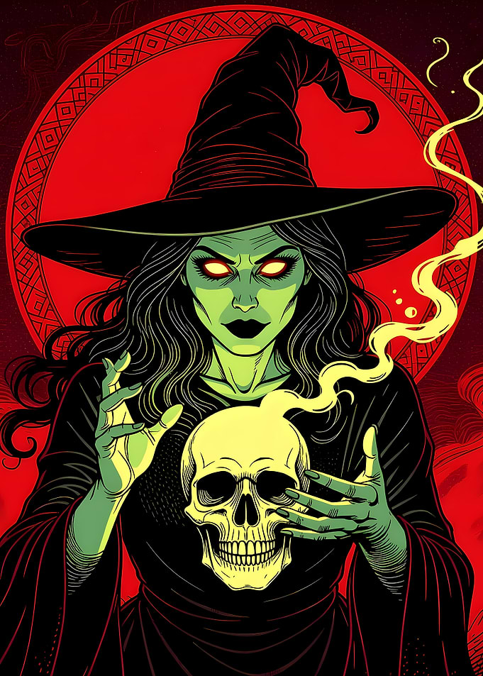 Evil Witch casting a spell with a Skull