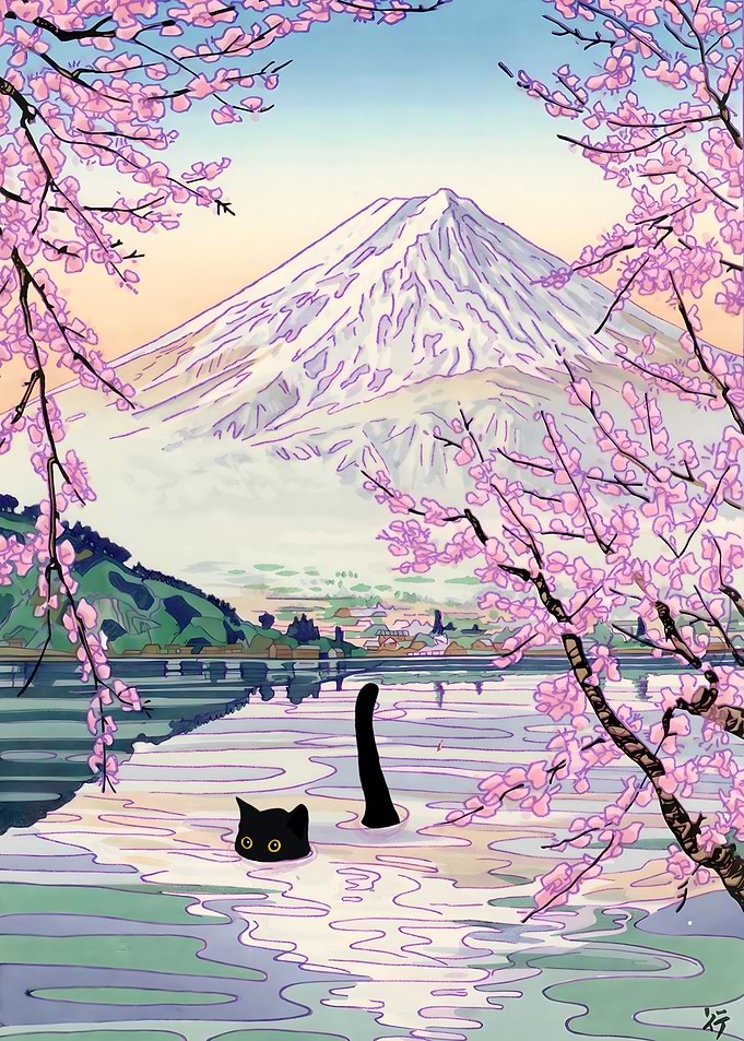 Cute cat under spring lake Fuji view