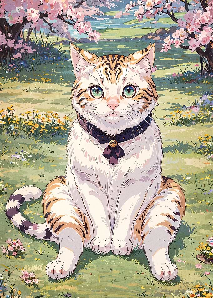 Anime Cat in Floral Meadow