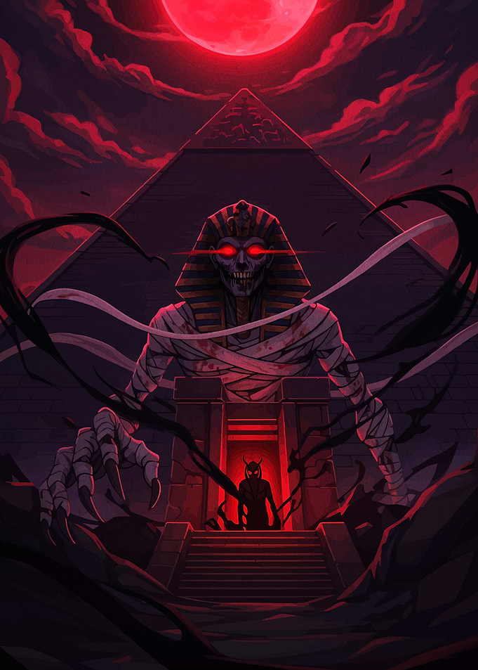 Mummy, Pyramid, and Red Moon Illustration